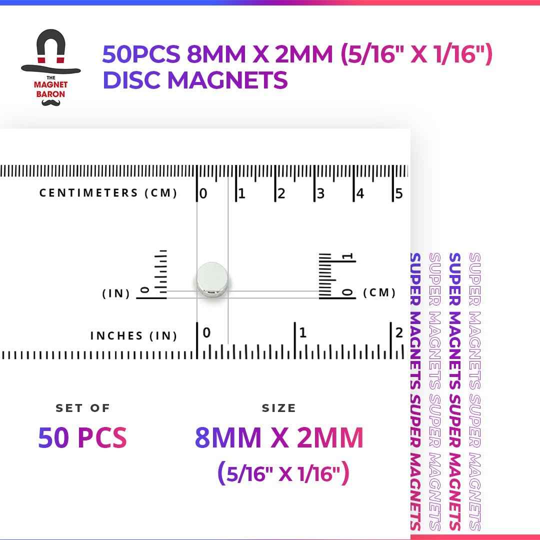 50pcs 8mm x 2mm (Approximately 5/16" x 1/16") Disc Magnets
