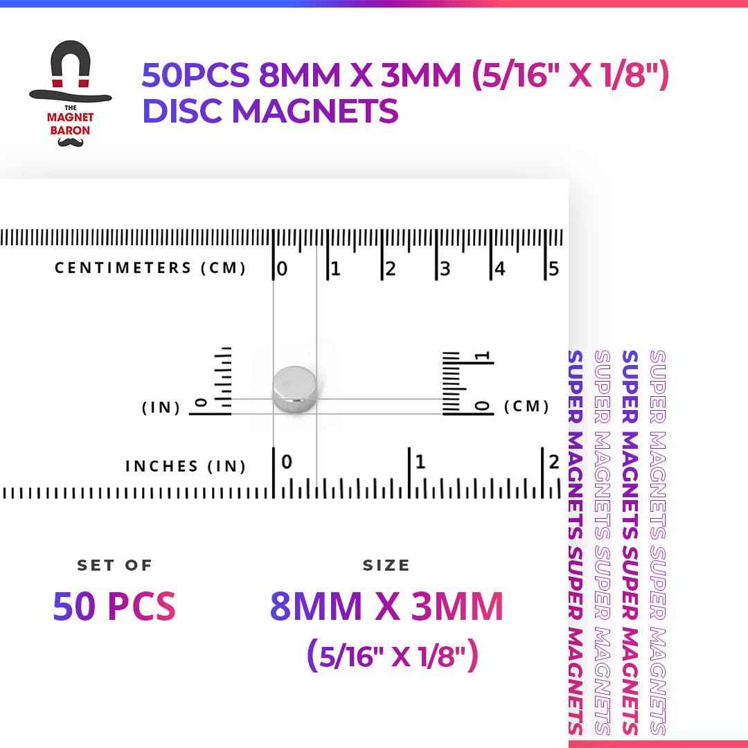 50pcs 8mm x 3mm (Approximately 5/16" x 1/8") Disc Magnets