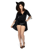 Women's Classic Witch Costume - Black Velour Bodysuit with Hat and Lace Sleeves