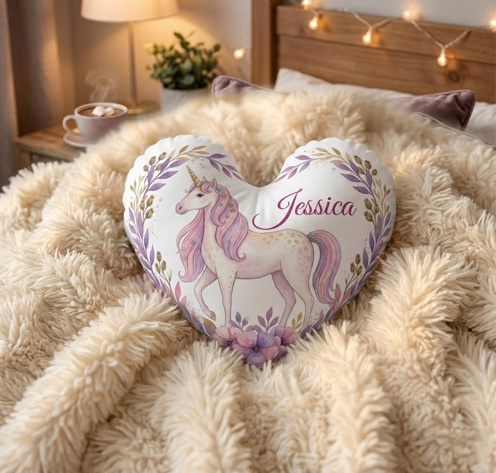 Personalized Unicorn Heart Pillow – Custom Name Gift – Cotton Filling Included