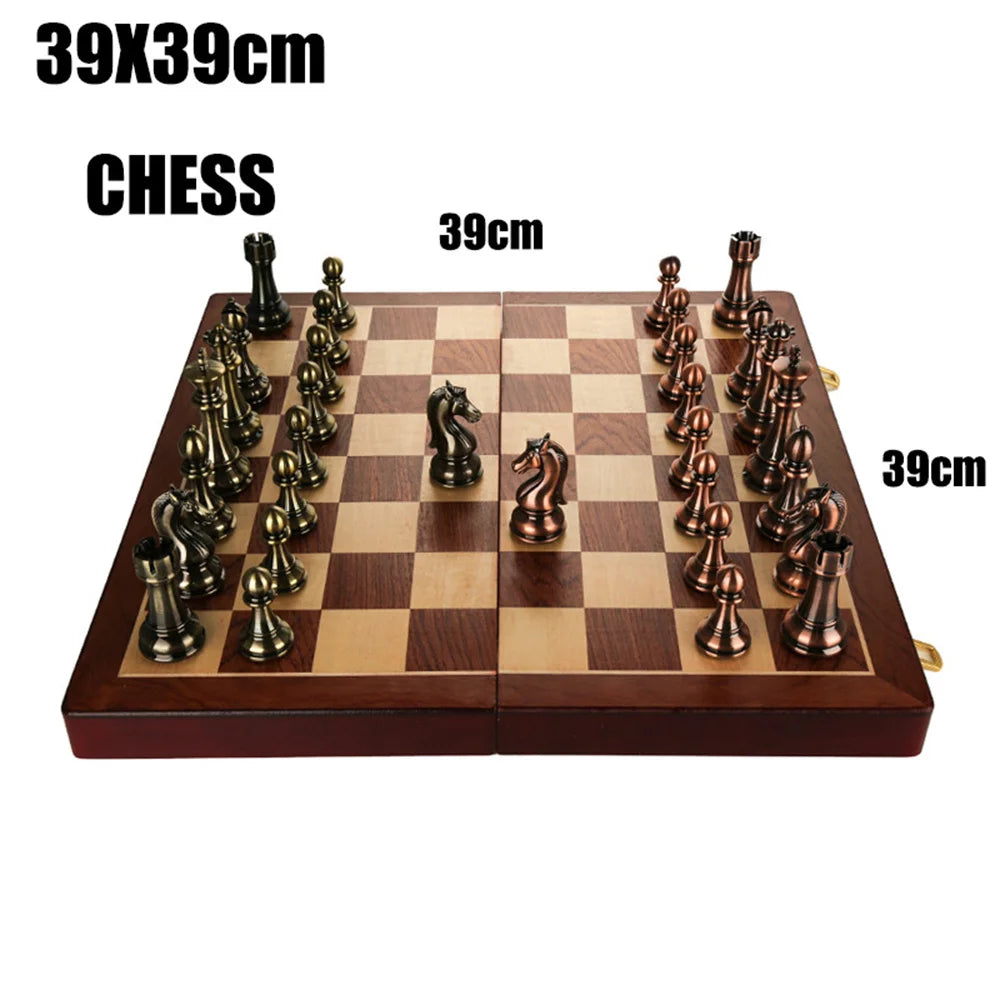 52x52cm High Grade Luxury Wooden Chess Board Games Bronze Metal Chess Pieces Set Folding Family Board For Children Checkerboard