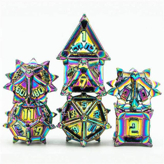 Rainbow Pinwheel Strengthened Metal 7-Dice Set | Metal DND Dice - 