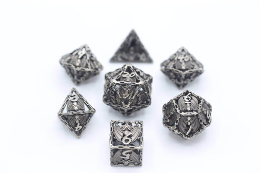 Ancient Silver Hollow Metal Bat Polyhedral Dice Set - 