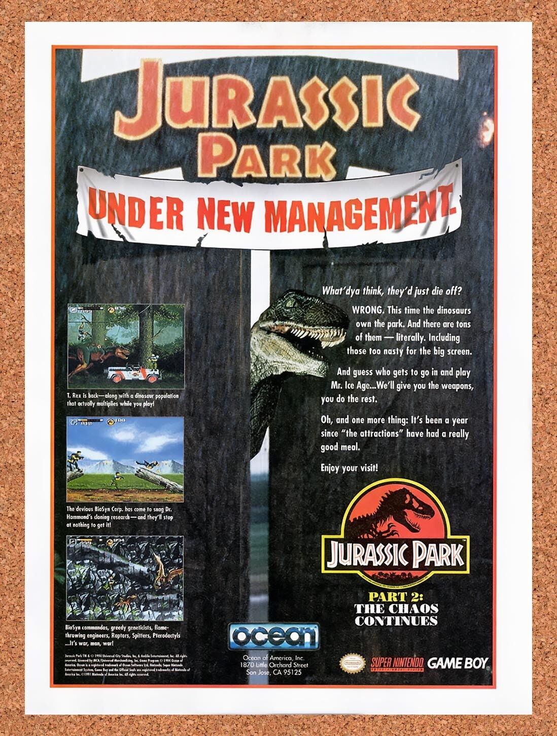 1995 Jurassic Park Part 2 The Chaos Continues SNES Original Ad v1