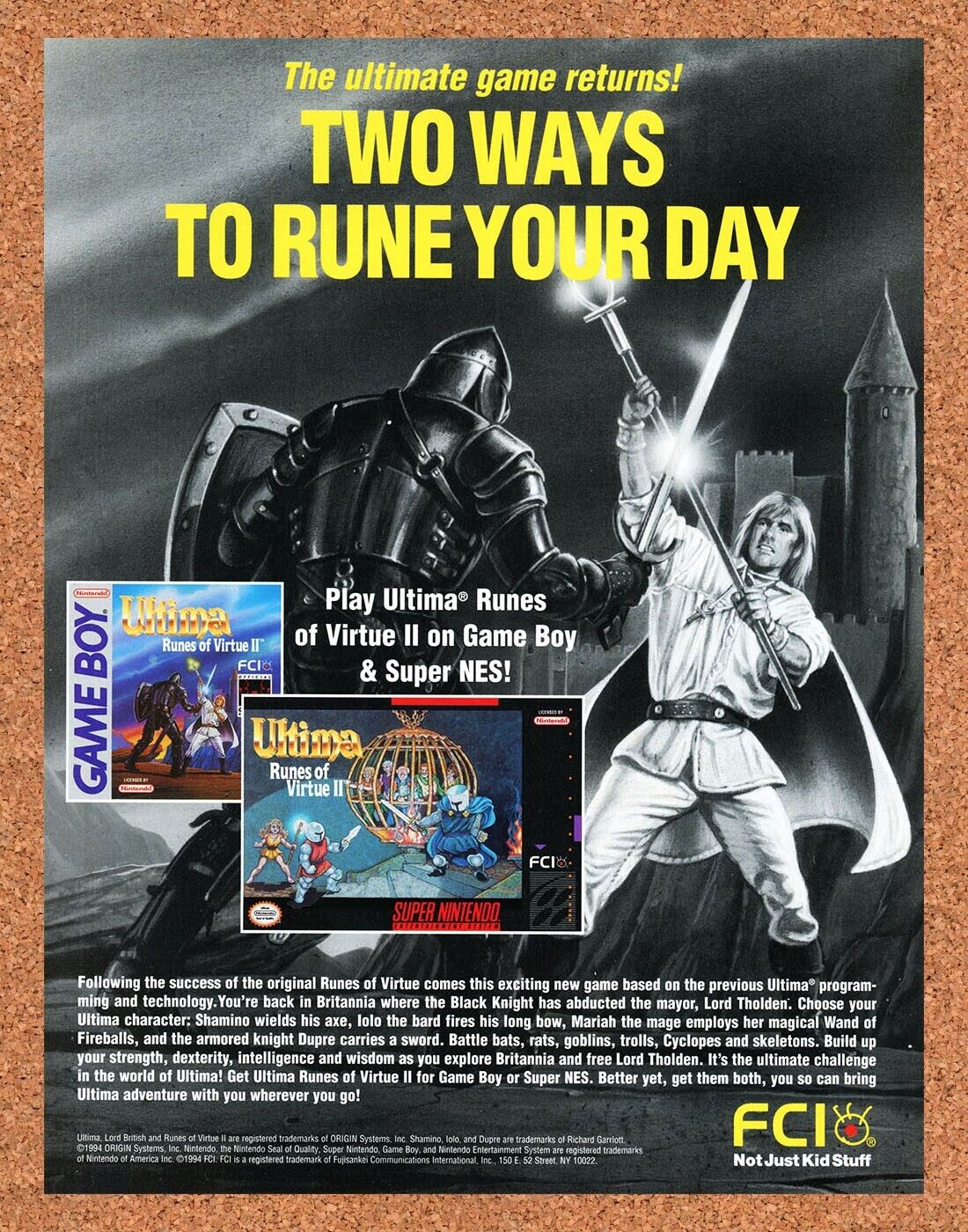 1994 Ultima Runes Of Virtue II SNES Original Ad