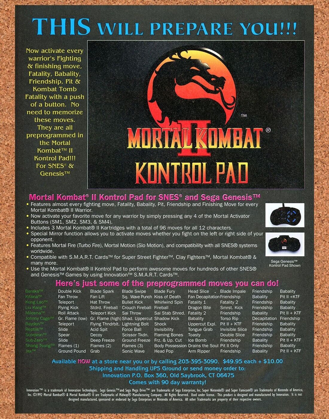 1994 Mortal Kombat II SNES Original Kontrol Pad Ad
