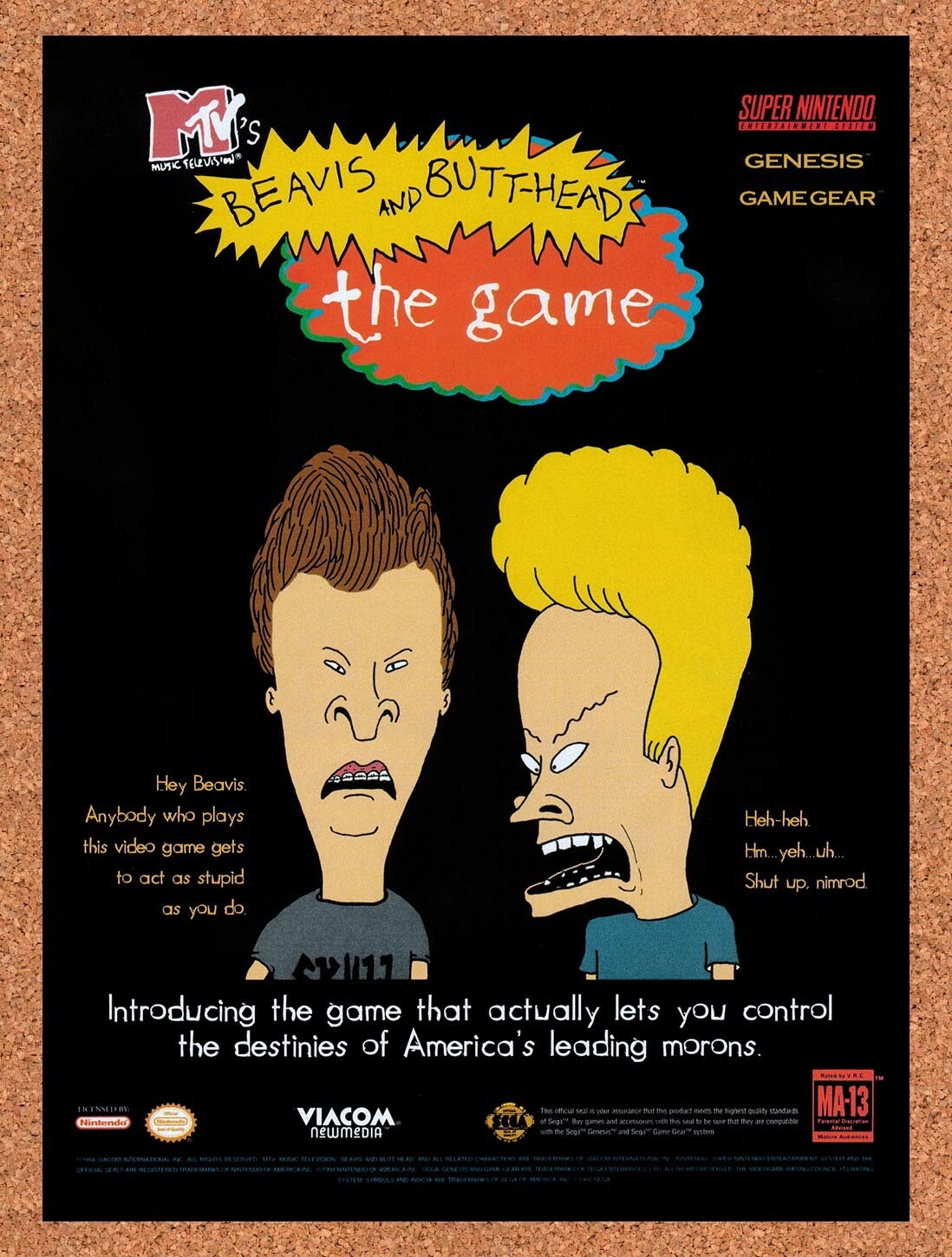 1995 Beavis & Butthead The Video Game SNES Original Ad v5