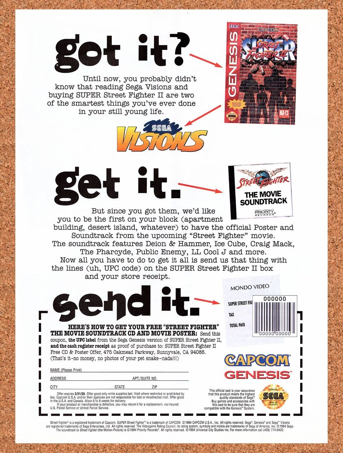1995 Street Fighter Movie Soundtrack Order Form Original Ad v1