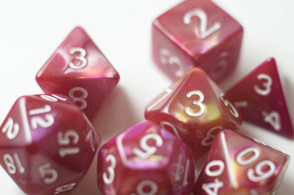 NEW Yellow and Rose Red Swirl Poly Dice Set (7) New RPG DnD w/ White Numbers - 