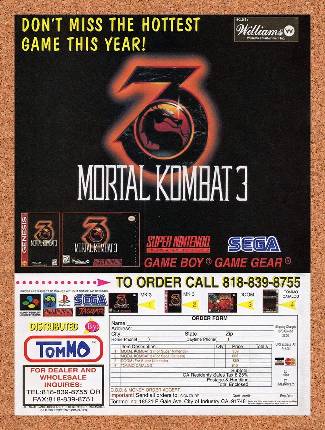 1995 Mortal Kombat 3 Order Form Original Ad v9