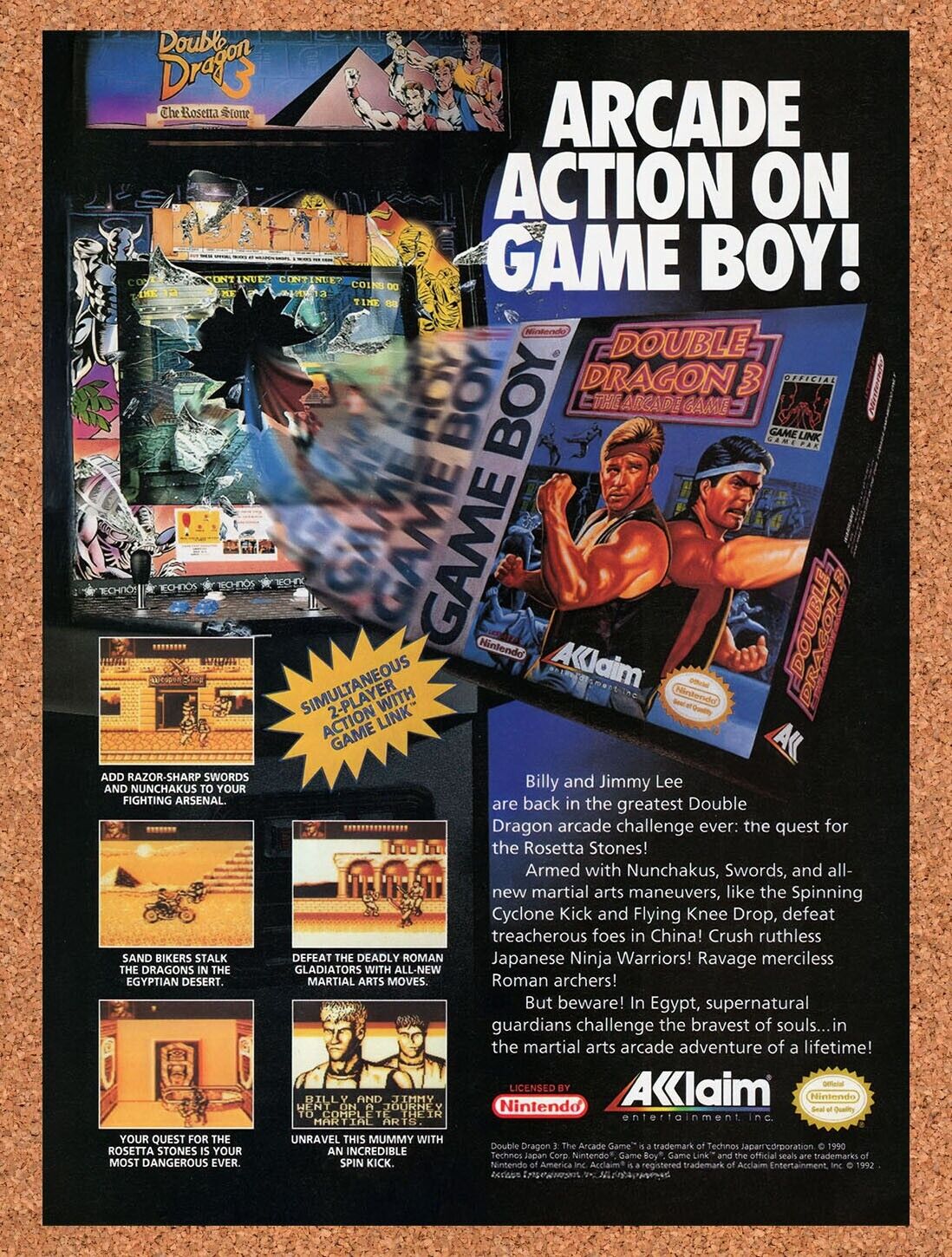 1992 Double Dragon 3 The Arcade Game Game Boy Original Ad v3