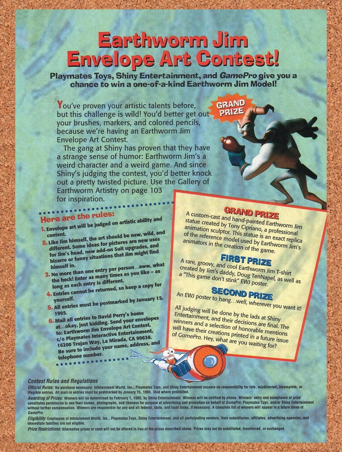 1995 Earthworm Jim Envelope Art Contest Original Ad v16