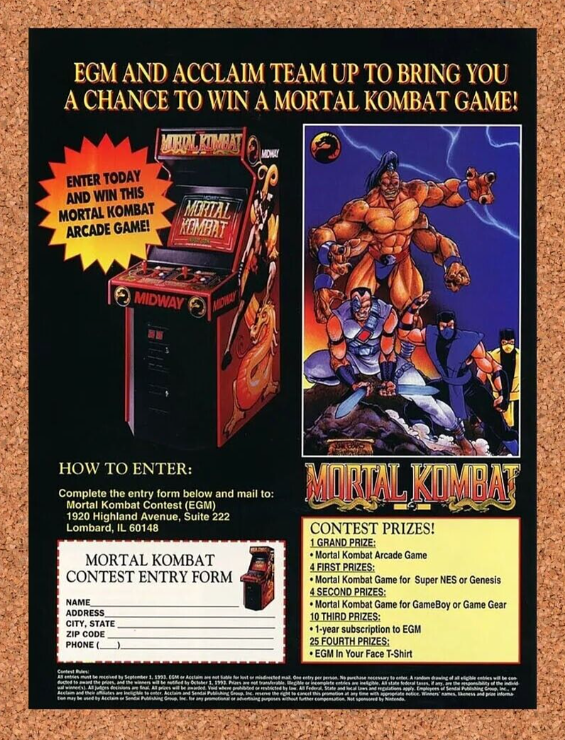 1994 Mortal Kombat Arcade Sweepstakes Original Ad