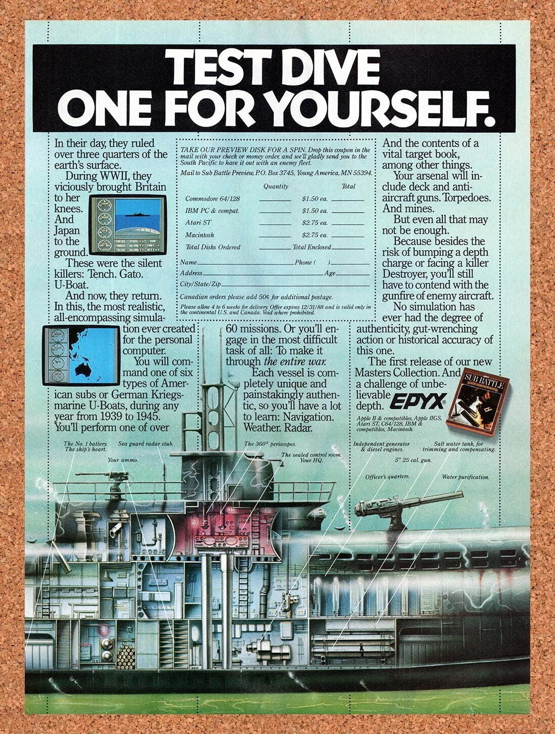 1987 Sub Battle Simulator Commodore 64 Original Ad v1