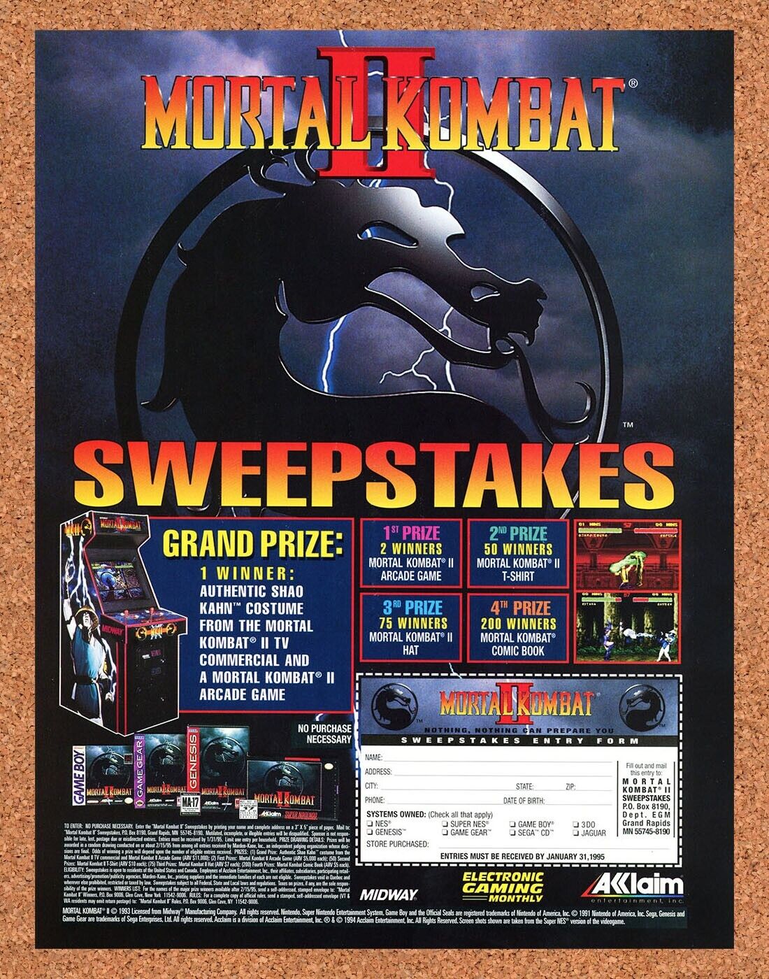 1994 Mortal Kombat II SNES Original Sweepstakes Ad