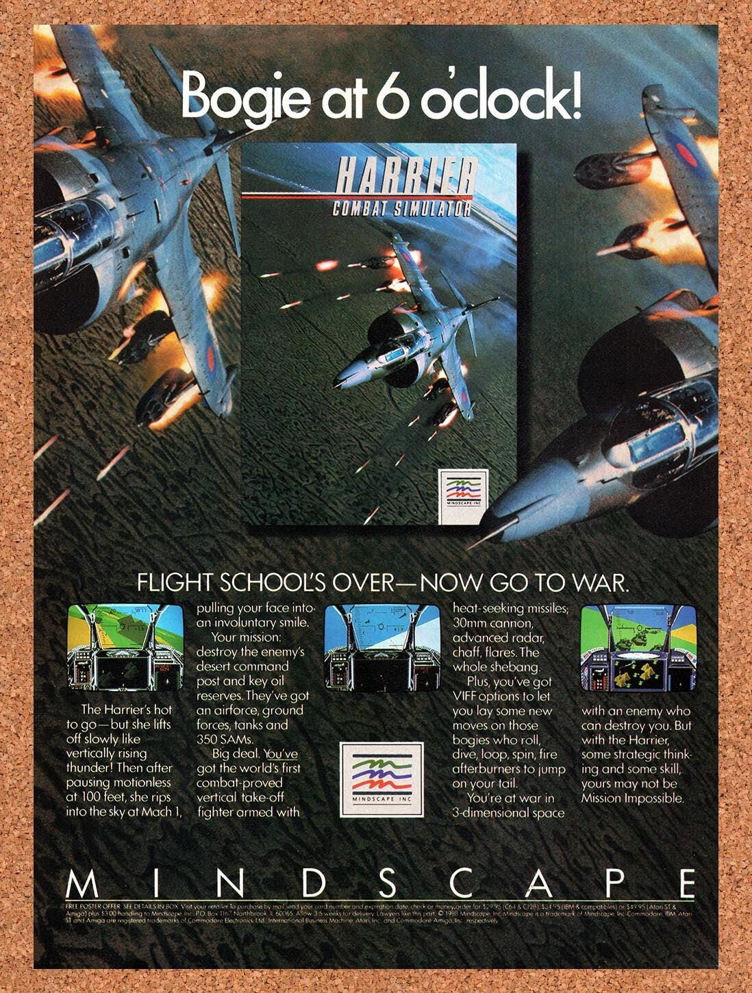 1988 Harrier Combat Simulator Commodore 64 Original Ad v1