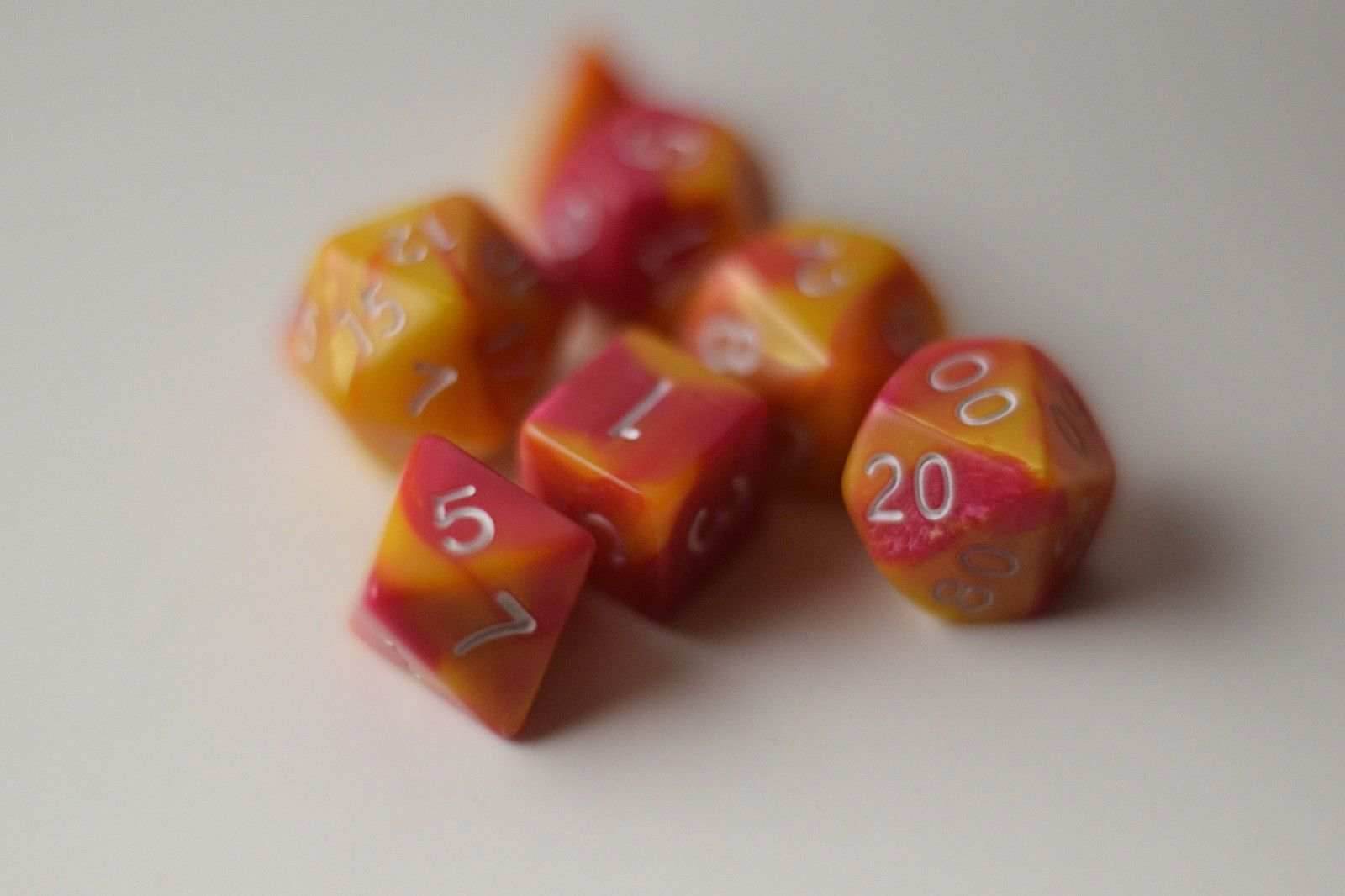 New Shiny Yellow Pink Miniature Poly Dice Set Small (7) RPG DnD Mini Cute - 
