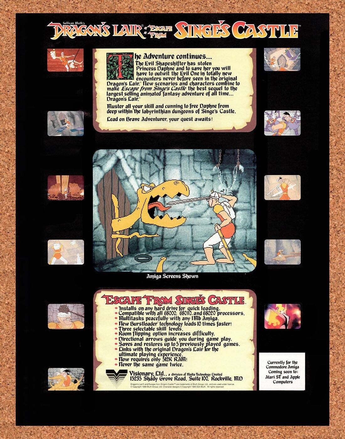 1990 Dragon's Lair Escape From Singes Castle Amiga Original Ad v3