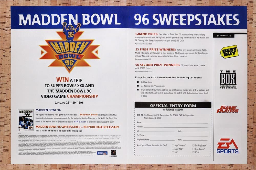 1996 Madden Bowl 96 Super Bowl XXX Sweepstakes Original Ad v1