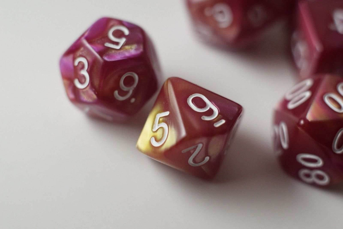 NEW Yellow and Rose Red Swirl Poly Dice Set (7) New RPG DnD w/ White Numbers - 