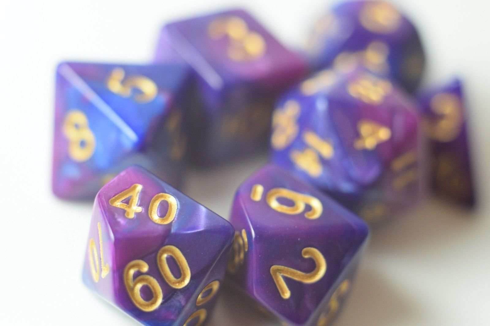 NEW Royal Purple & Blue Regal Swirl Poly Dice Set (7) RPG DnD w/ Gold Numbers - 