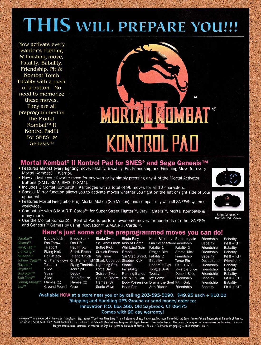 1994 Mortal Kombat Kontrol Pad Original Ad v17