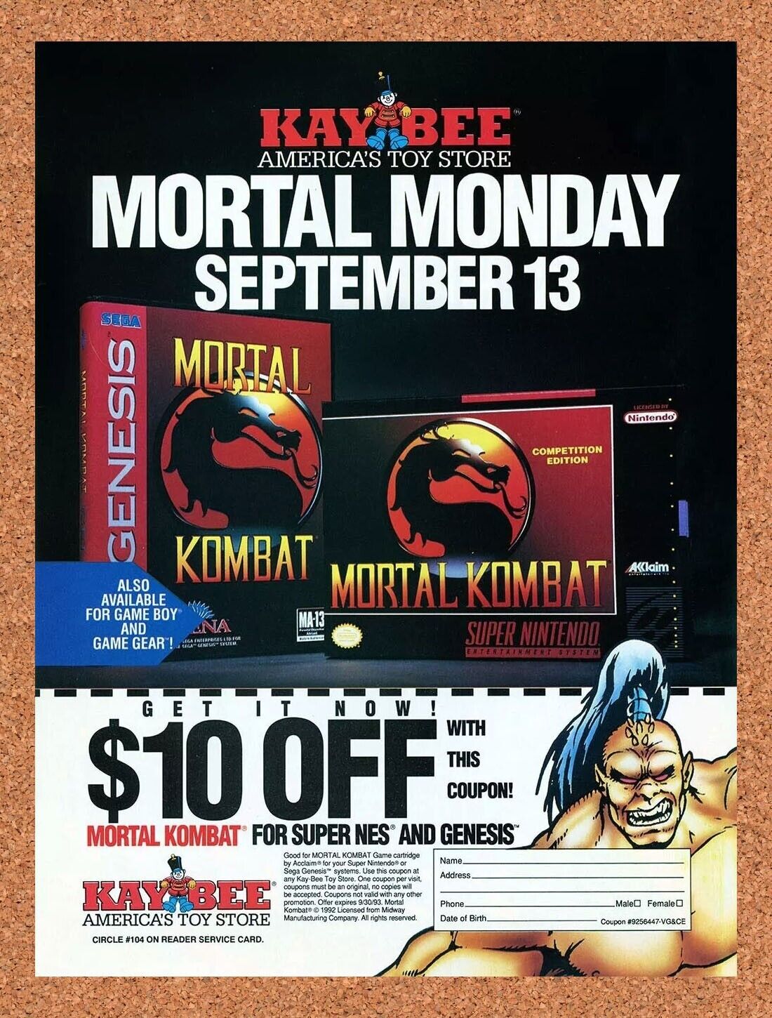 1993 Mortal Kombat SNES Kaybee Toys Rebate Original Ad v1