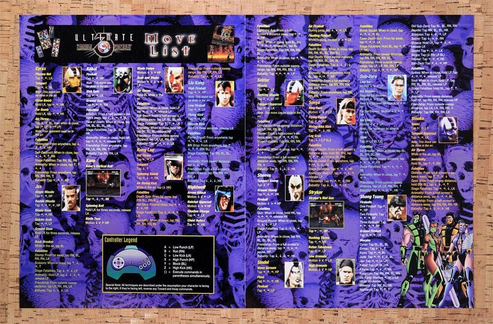 1996 Mortal Kombat 3 Ultimate Arcade Move List Original Ad v3