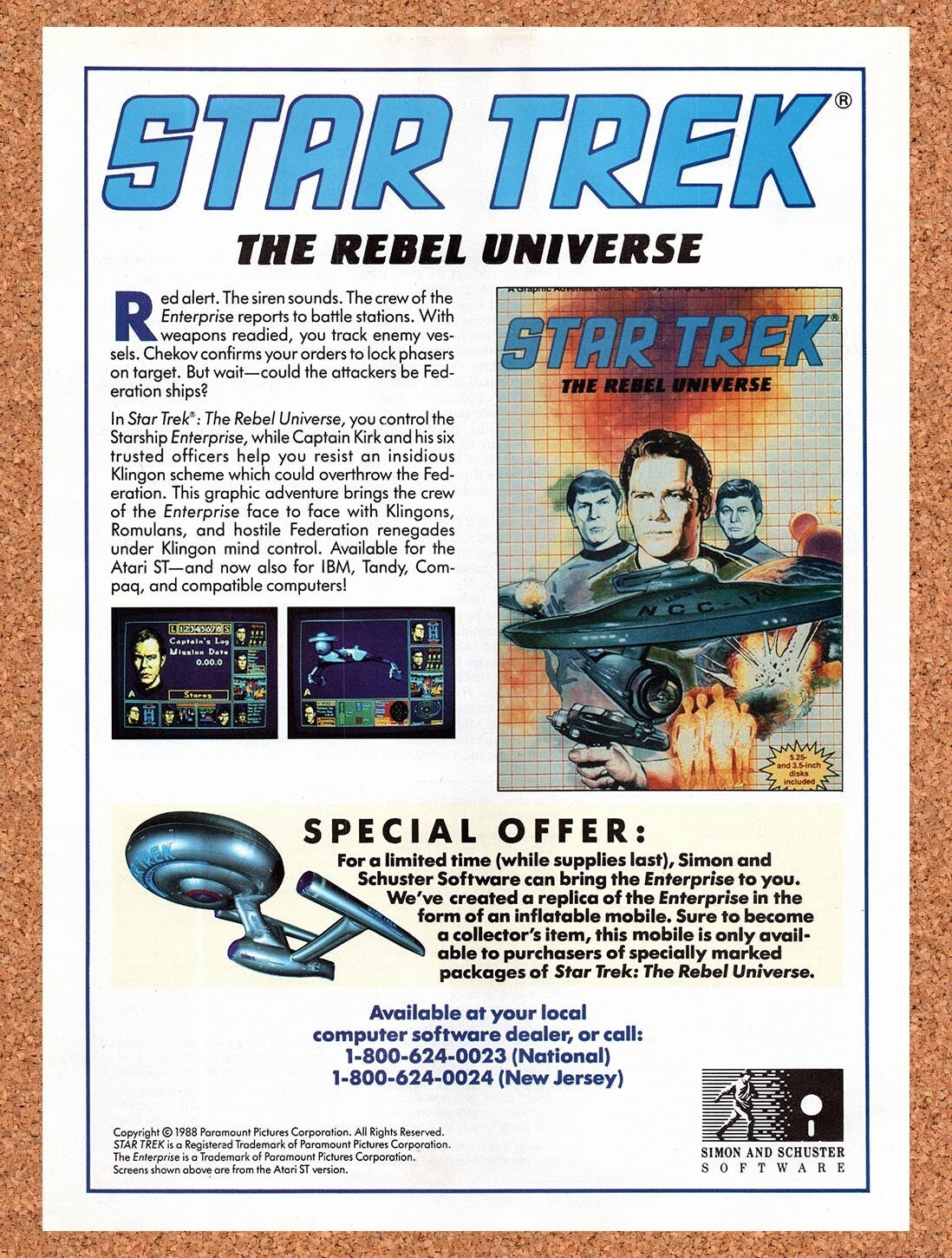 1988 Star Trek The Rebel Universe Atari ST Original Ad v1