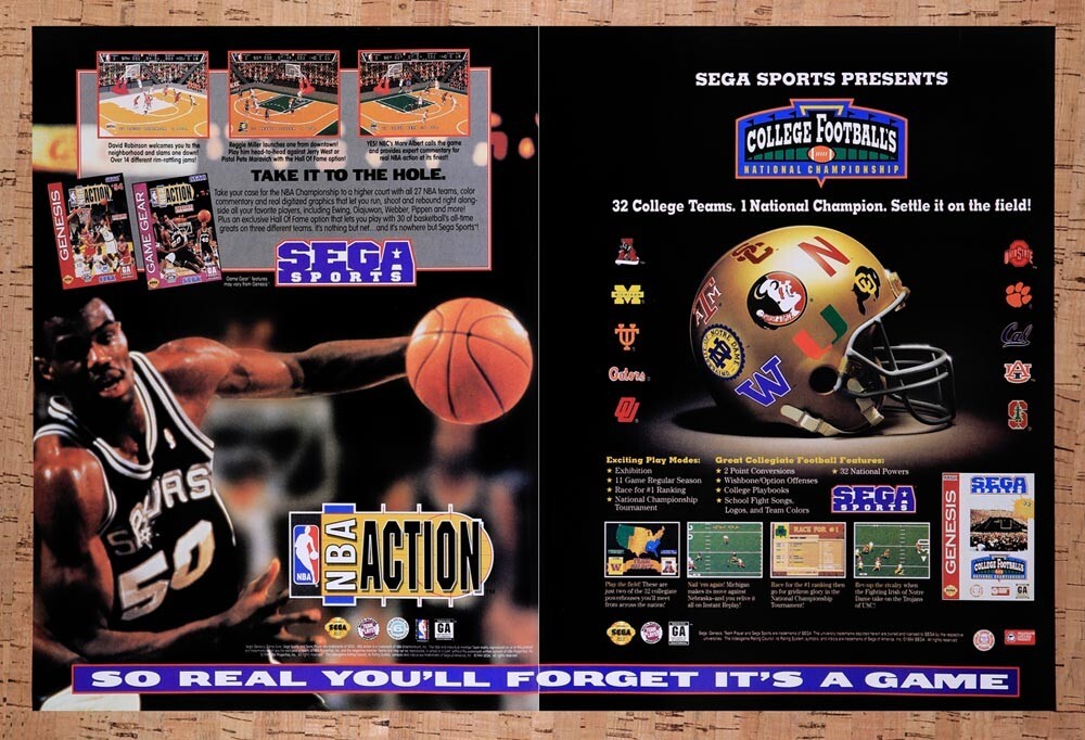1995 Sega Sports NBA Action & College Football Original Ad v1