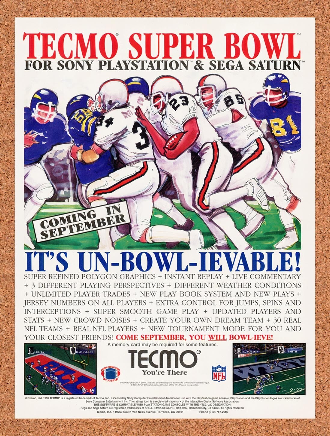 1996 Tecmo Super Bowl PS1 Original Ad v1