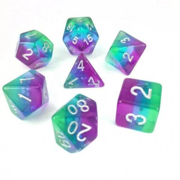 Blue Aurora Poly Dice Set Blue Purple Teal Clear (7) Translucent New RPG DnD - 