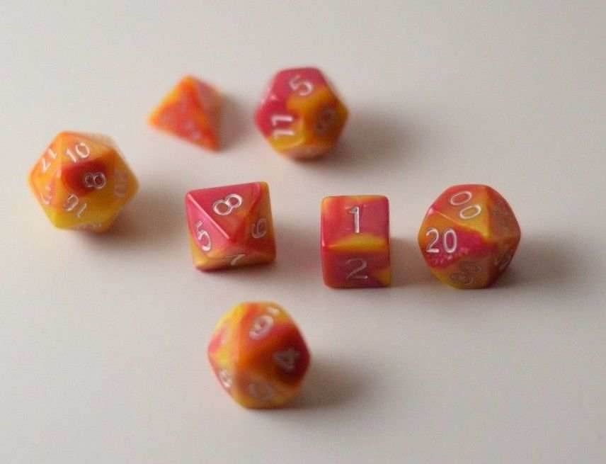 New Shiny Yellow Pink Miniature Poly Dice Set Small (7) RPG DnD Mini Cute - 