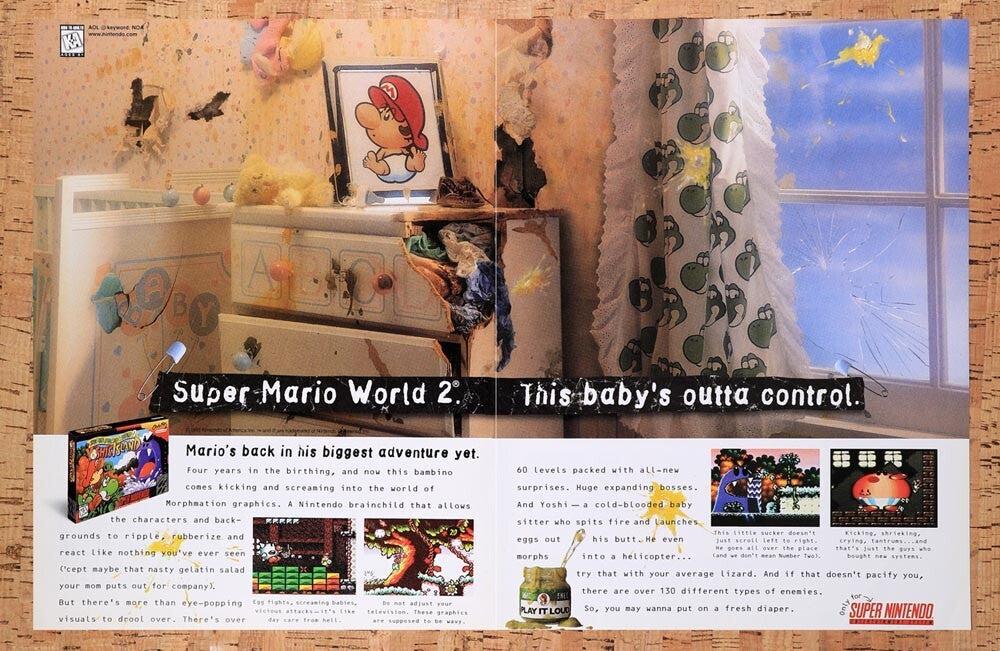 1996 Mario World 2 Yoshi's Island SNES Original Ad v2