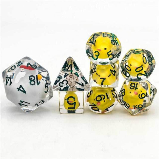Chicken Family 7-Dice Set w/Green Numbers Dnd Dice Set + 30mm d20 - 
