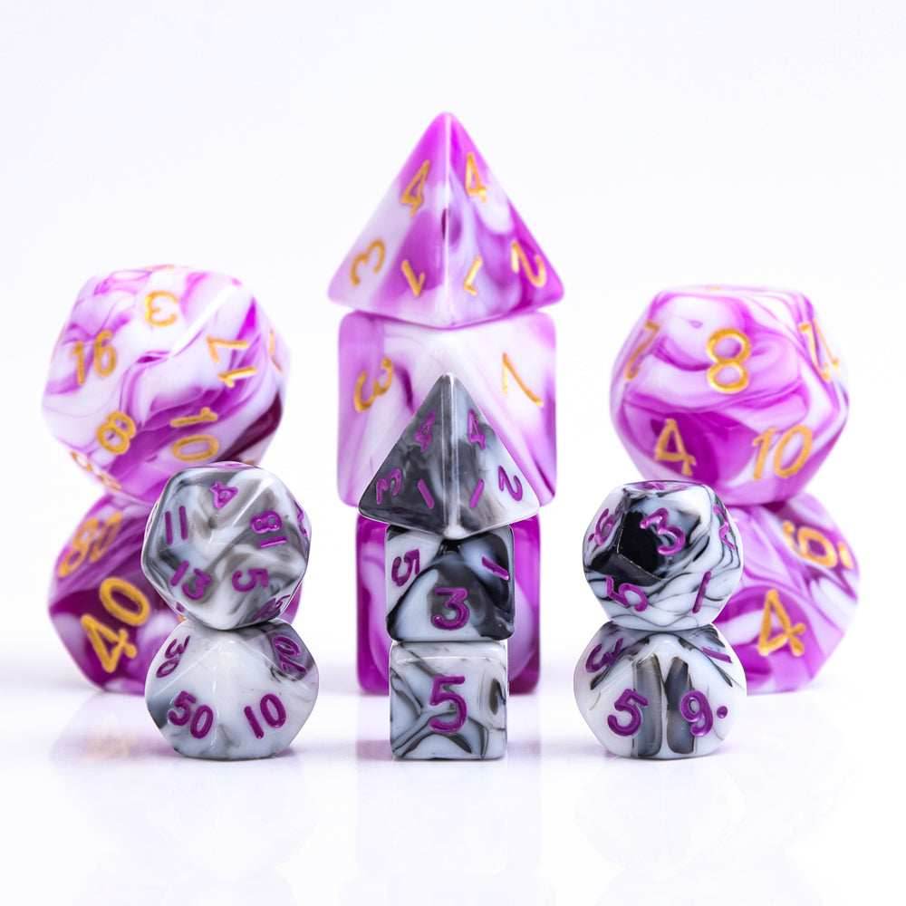 Black White Blend 7-Dice Mini-Dice RPG Set w/Purple Numbers Miniature Dice - 