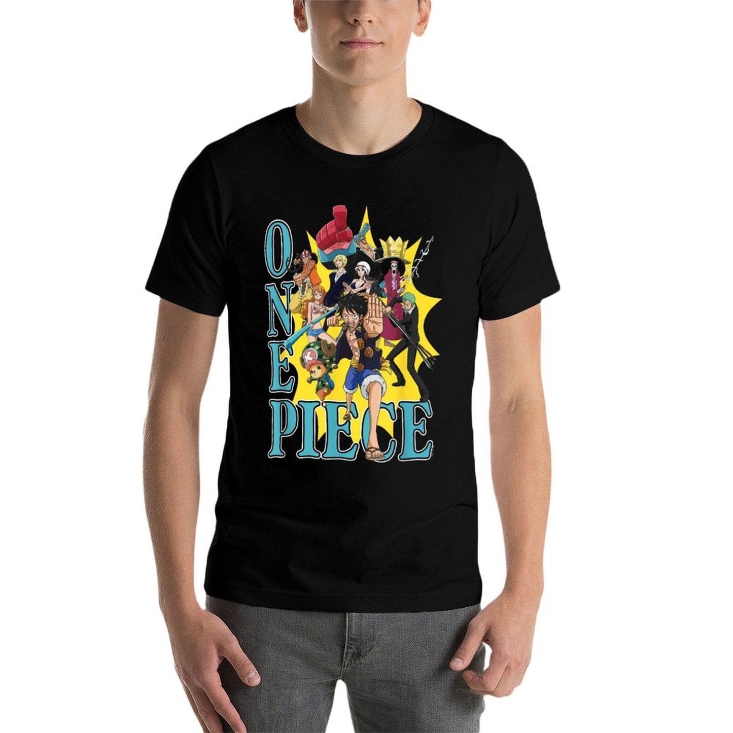 One Piece Anime Group Photo Burst Character Collage  Ribbed Collar T-Shirt
