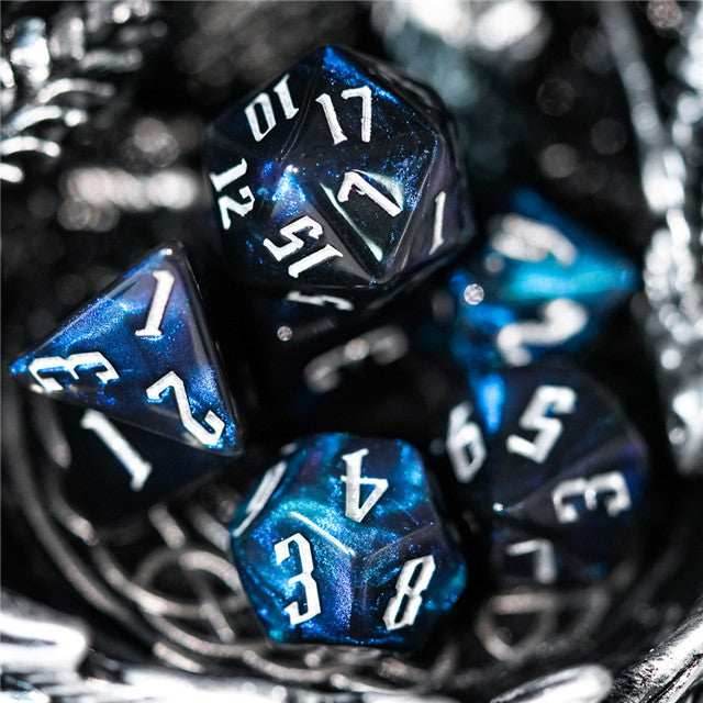 Glitter Party Black Glitter Dice (White font) 7-Dice Set - 