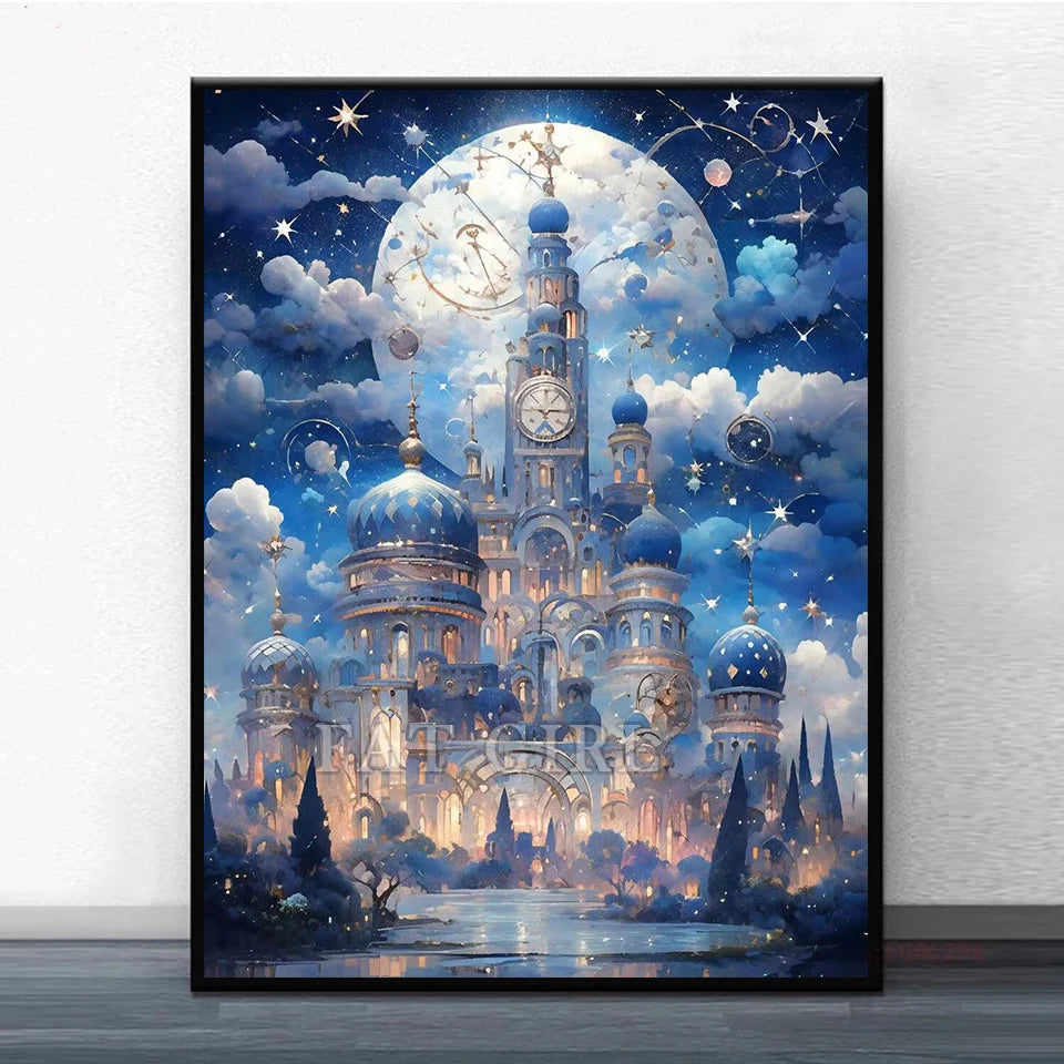 5D Diy Diamond Painting New Full Square Round Dream Castle Diamond Embroidery Mosaic Fantasy Moon Landscape Christmas Home Decor