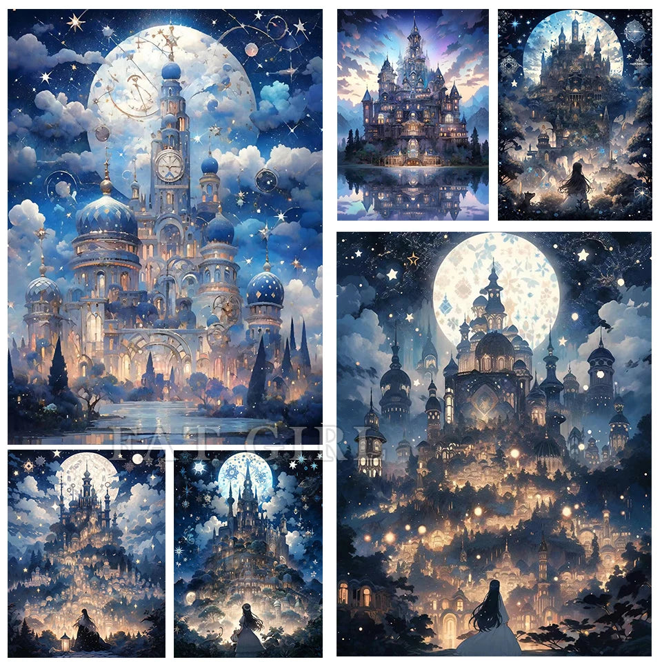 5D Diy Diamond Painting New Full Square Round Dream Castle Diamond Embroidery Mosaic Fantasy Moon Landscape Christmas Home Decor