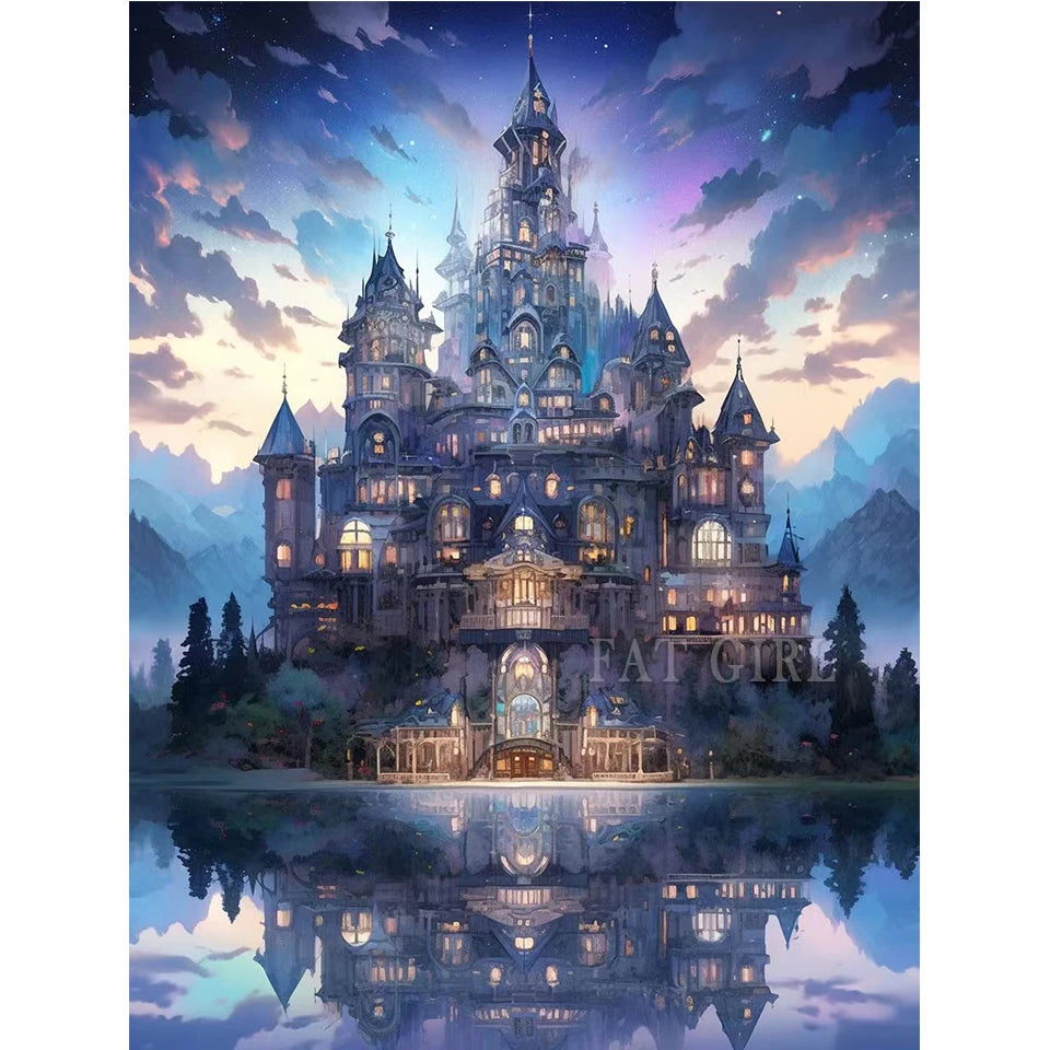 5D Diy Diamond Painting New Full Square Round Dream Castle Diamond Embroidery Mosaic Fantasy Moon Landscape Christmas Home Decor