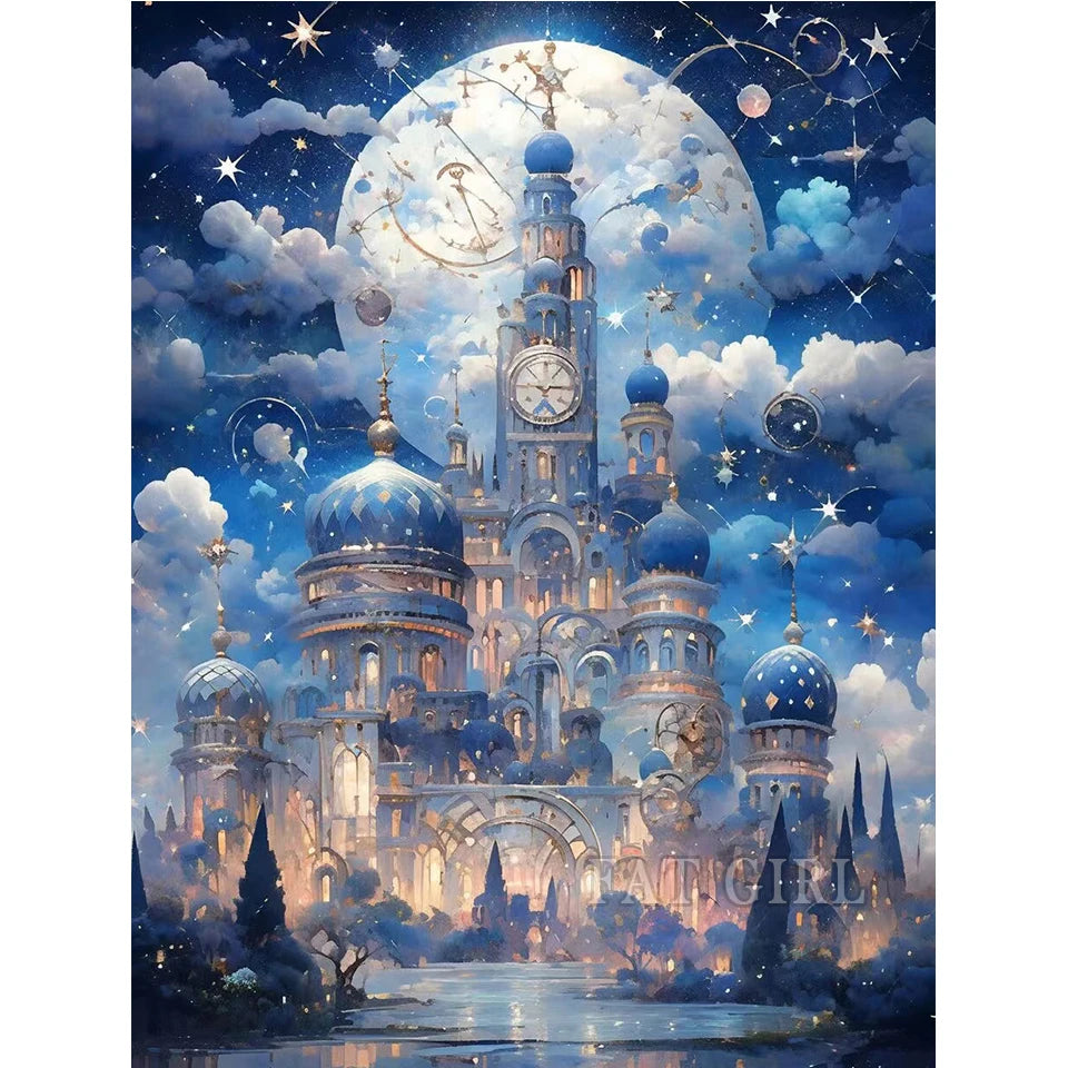 5D Diy Diamond Painting New Full Square Round Dream Castle Diamond Embroidery Mosaic Fantasy Moon Landscape Christmas Home Decor