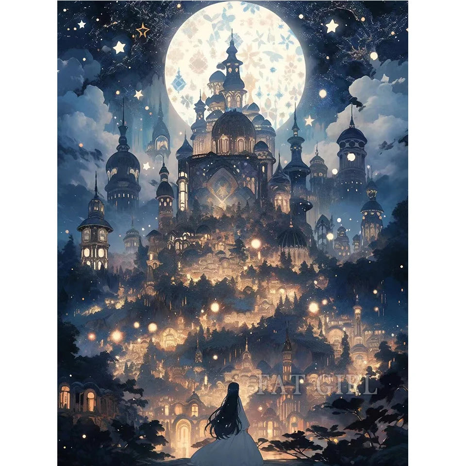 5D Diy Diamond Painting New Full Square Round Dream Castle Diamond Embroidery Mosaic Fantasy Moon Landscape Christmas Home Decor