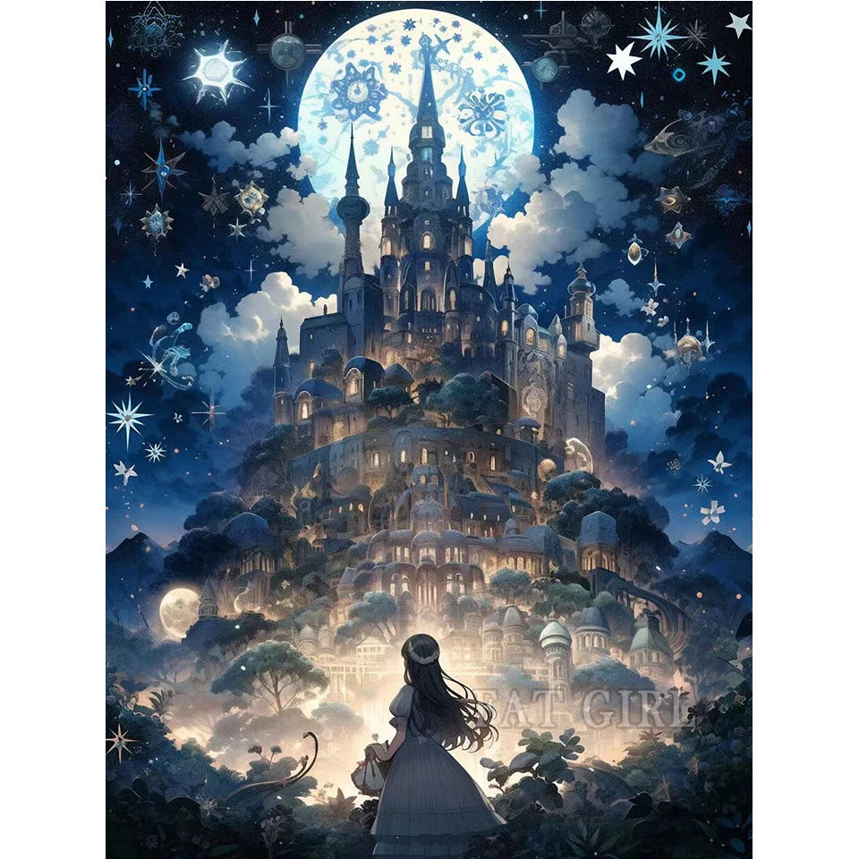 5D Diy Diamond Painting New Full Square Round Dream Castle Diamond Embroidery Mosaic Fantasy Moon Landscape Christmas Home Decor