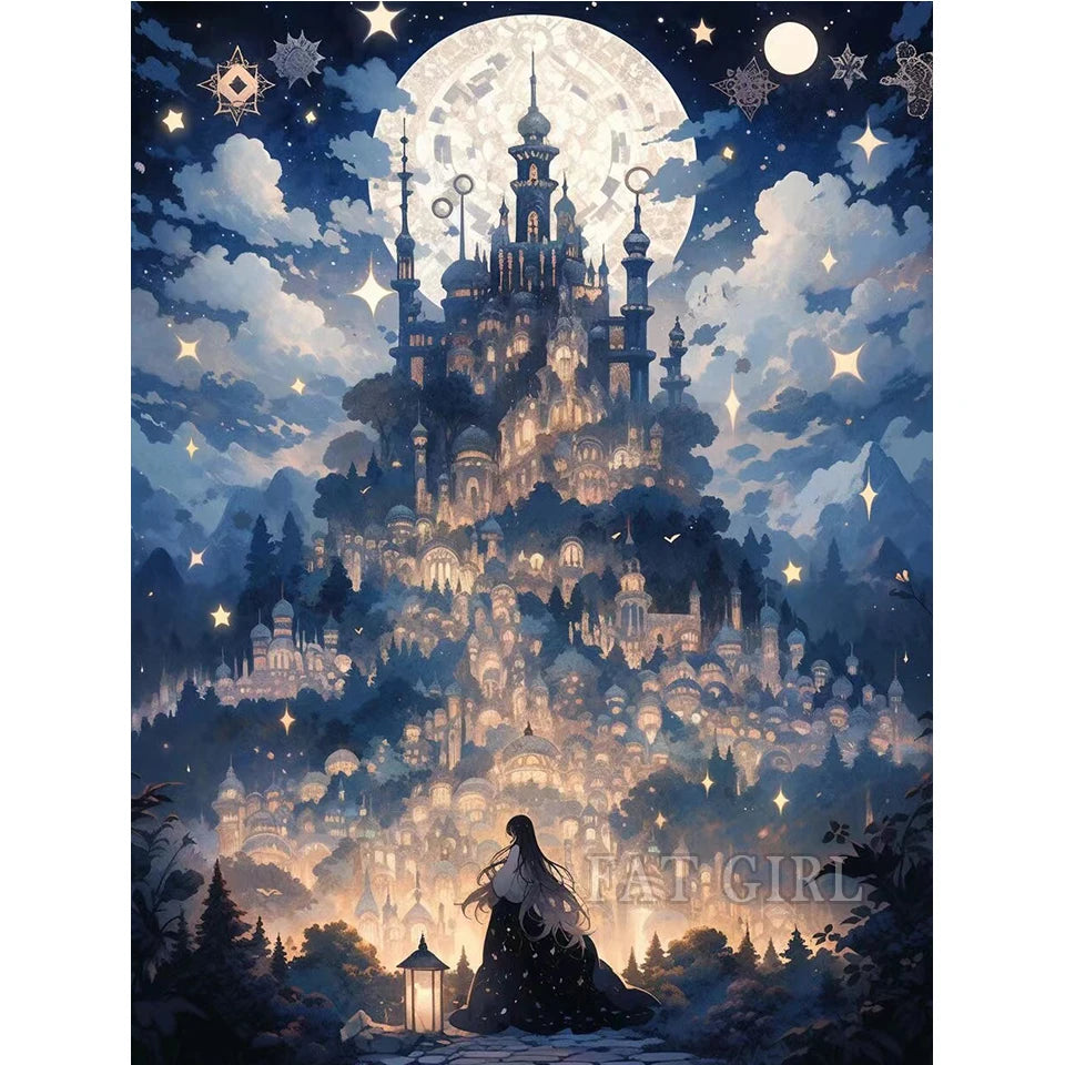 5D Diy Diamond Painting New Full Square Round Dream Castle Diamond Embroidery Mosaic Fantasy Moon Landscape Christmas Home Decor