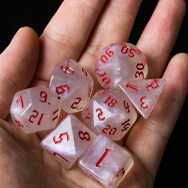 Glitter Party White Glitter Dice (Red font) 7-Dice Set - 