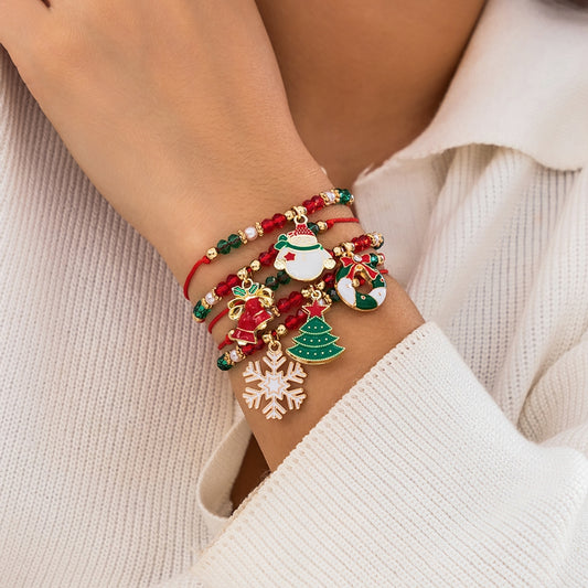 5pcs Cute Christmas Series Snowflake Tree Pendant Crystal Bracelet Women