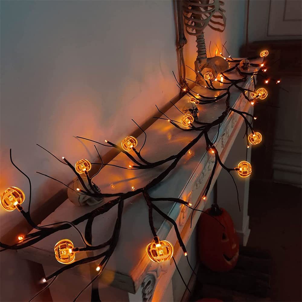 6 Ft 54 LED Halloween Willow Vine Twig 18 LED Pumpkins & Spiders, 36 Orange & Purple Halloween Lights Waterproof Battery Operated Garland Halloween Scary Decorations Home Indoor Wall