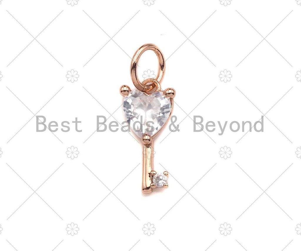 Big Clear CZ Micro Pave Heart Key Shape Pendant,Cubic Zirconia Heart Key Charm,Gold/Silver/Rose Gold Tone,6x12mm,Sku#Y345