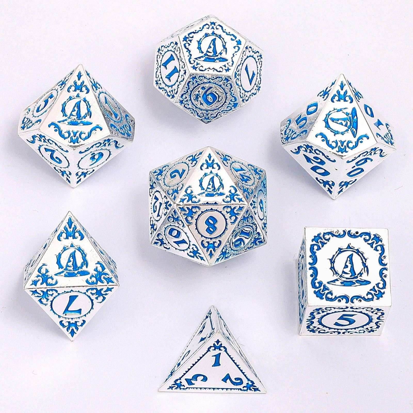 Wizard Solid Metal Polyhedral Dice Set - Silver with Blue - 